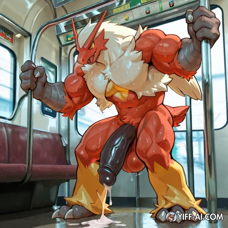 Male_blaziken, muscular_anthro, hyper_muscles, big_hands, big_feet, hyper_genitalia, leaking_cum, subway,  exhibitionism, sweat, 