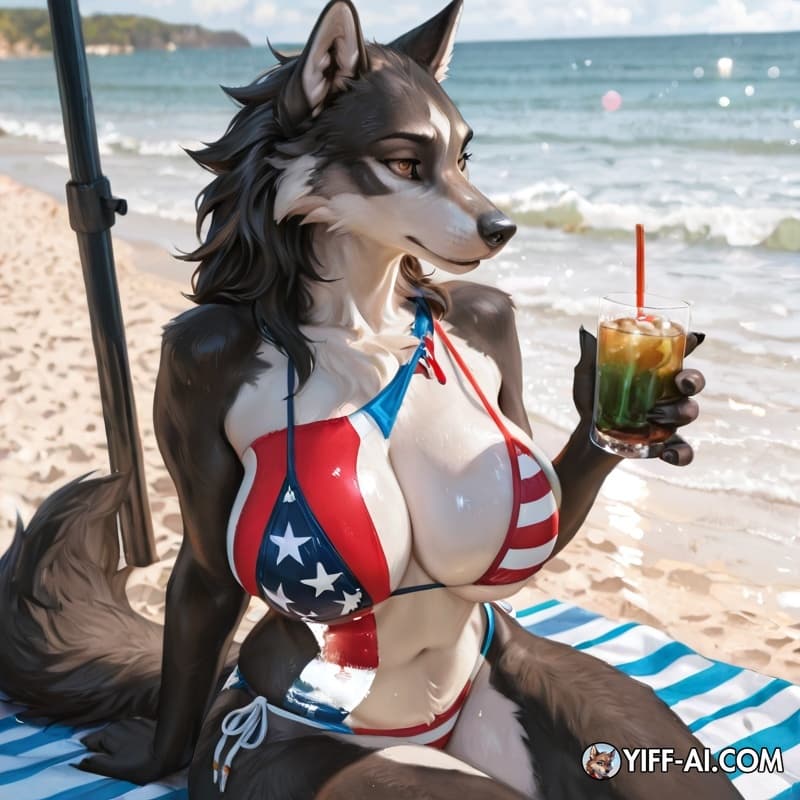 solo, realistic, wolf, black with white chest, light brown eyes, black fingernails, female, big breasts, US flag bikini, sitting on beach, looking at camera, mixed drink in hand