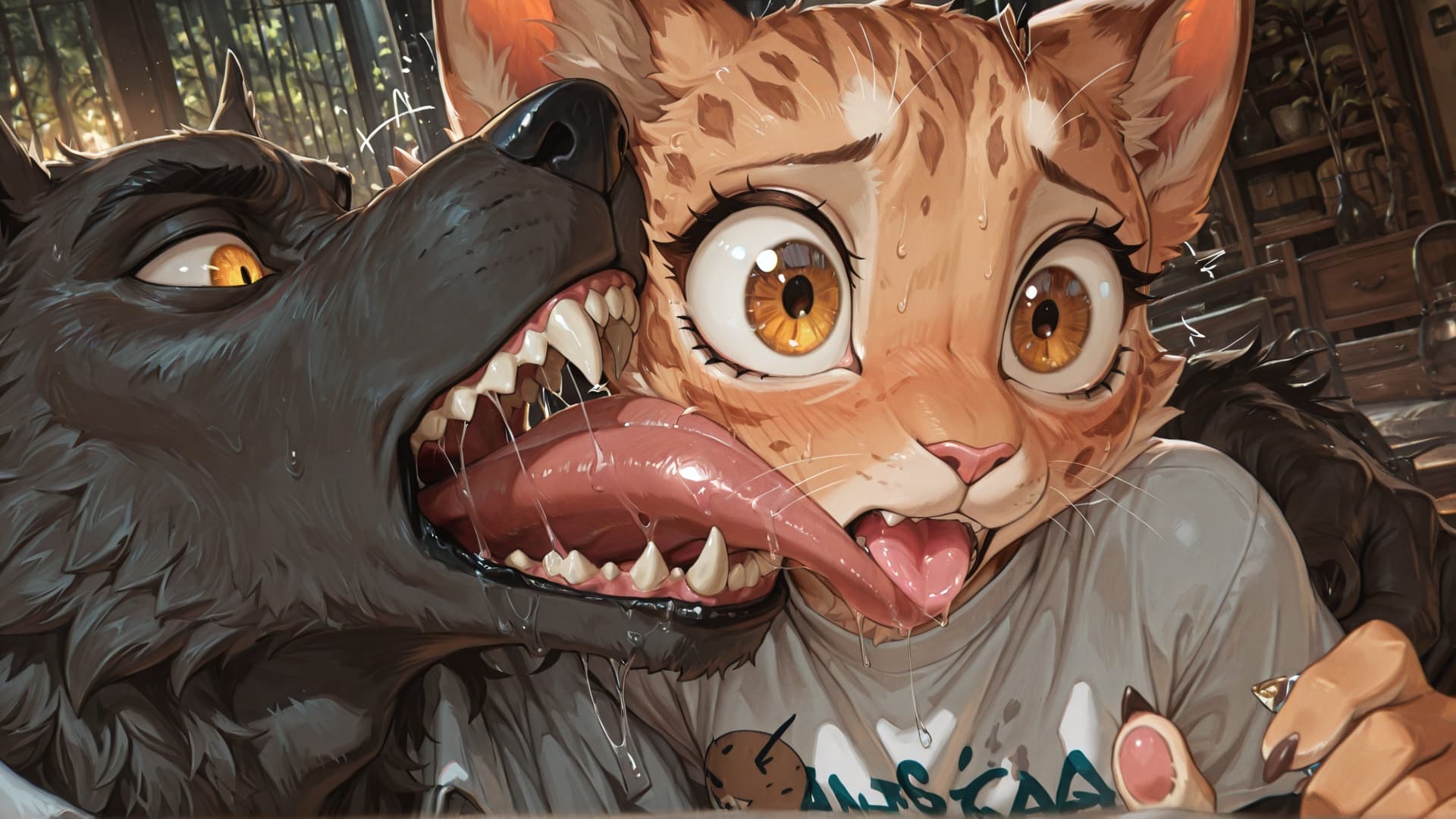 duo, anthro, male/female, felid, werewolf, licking, licking_partner, long_tongue, sharp_teeth, saliva, saliva_string, scared_female, wide_eyed, big_eyes, shirt, 