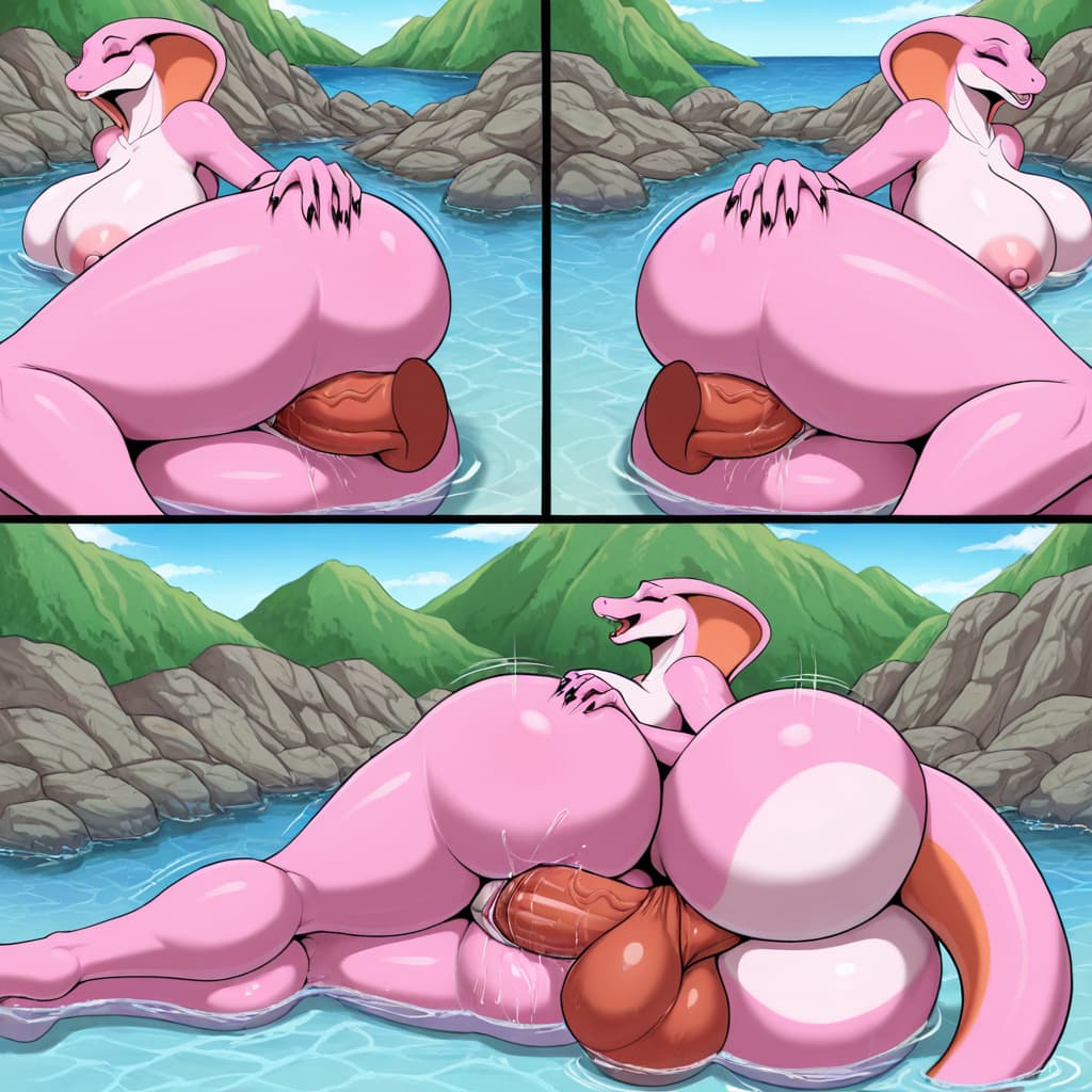by byondrage, By chikiota  Anthro Cobra, Pink skin, pink scales, Pink body, Big breasts, breast_squish, big butt snake_hood, tailless, duo_focus,  vagina, interspecies horse and cobra ocean, rocks, wa