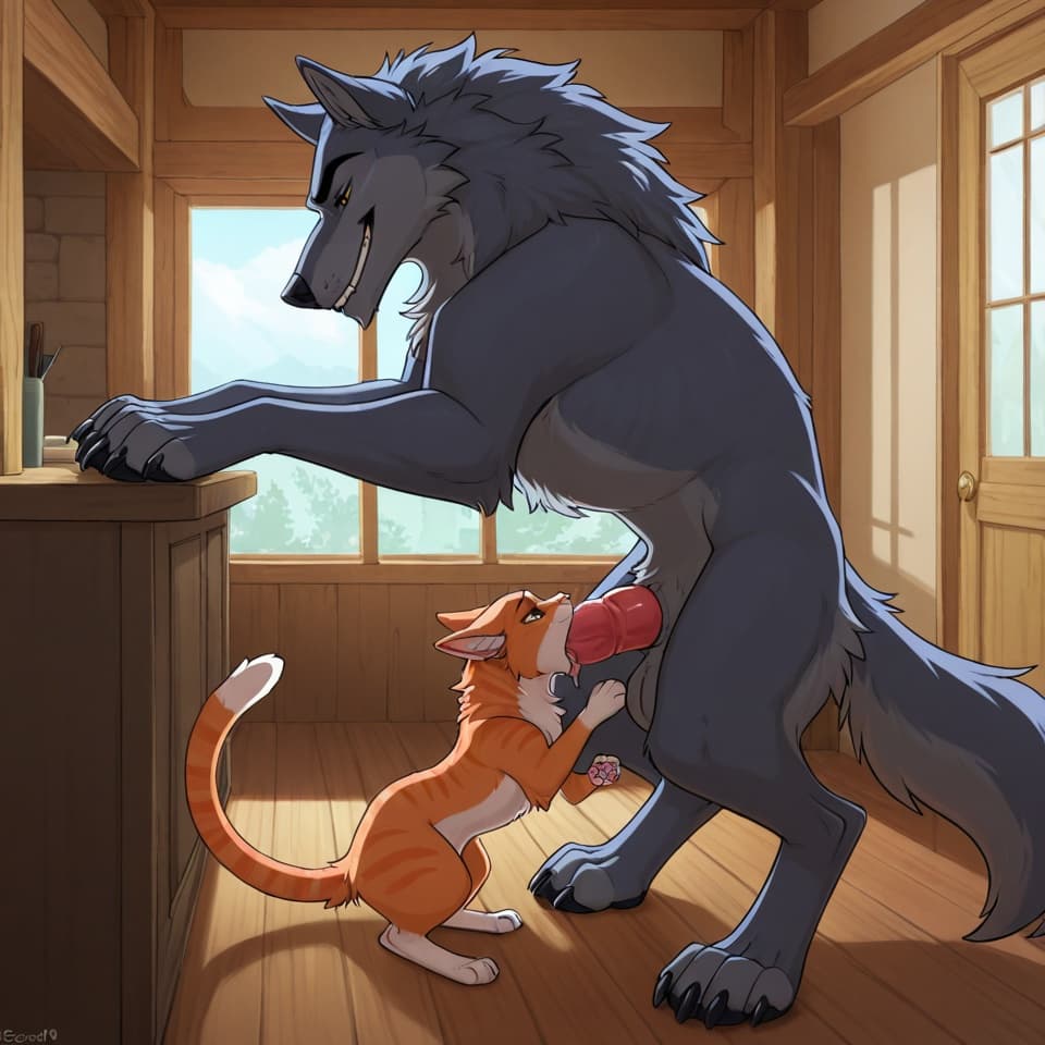 (Male wolf, huge, (feral:1.3), humanoid_penis), (female house_cat, (feral:1.3)), oral_penetration, feral_on_feral, feral_penetrating_feral, size_difference, larger_male, male_penetrating_female,