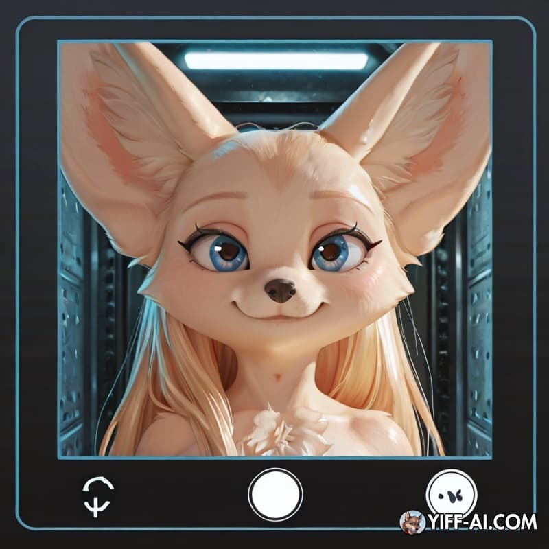 Highly detailed 3D digital art of a cute anthropomorphic fennec fox character named Fenneko, styled as a modern 2026 video game character selection screen. 

Character Framing:
- Medium close-up shot 