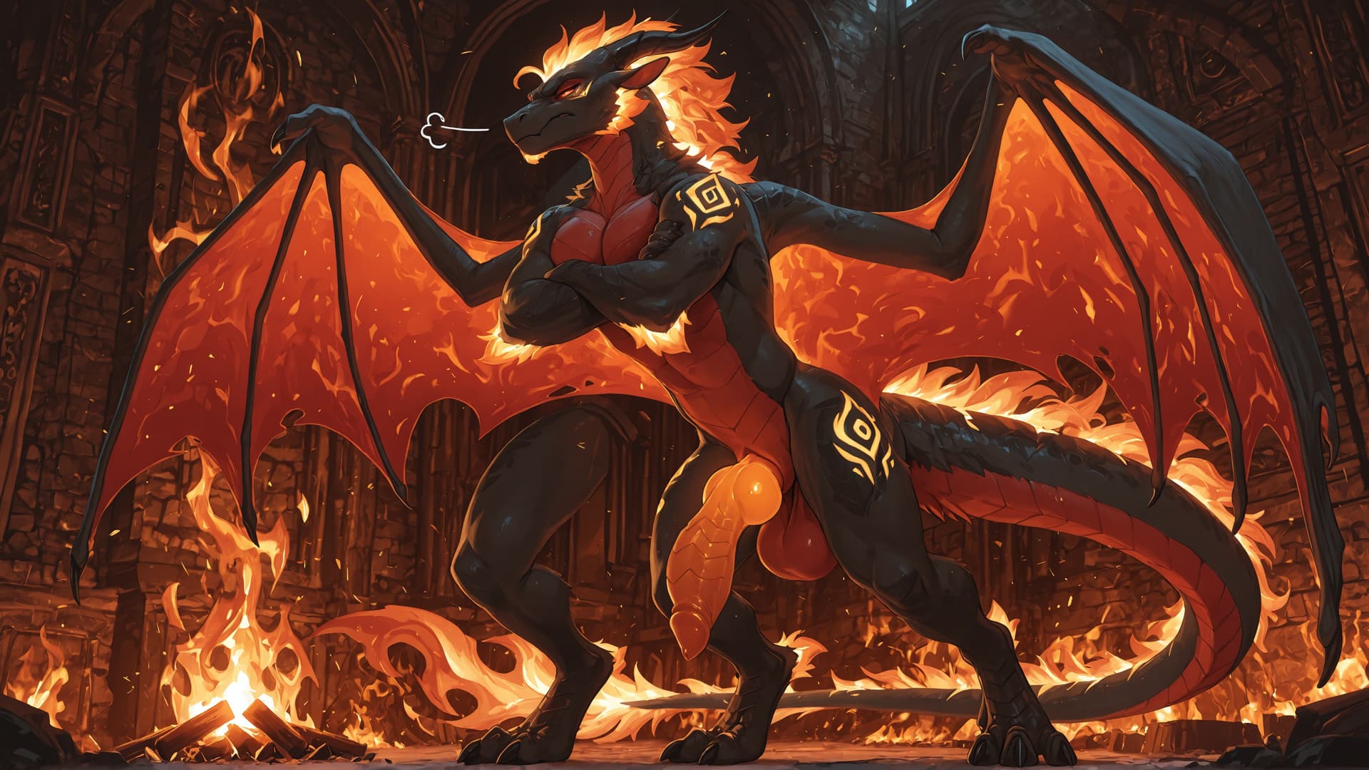 by_kluclew, solo, solo, demonic, anthro, dragon, black_fur, furred_dragon, furry_tail, digitigrade, three_toes, clawed_feet, fire_mane, fire_spine, runic_markings, glowing_markings, glowing_eyes, red_