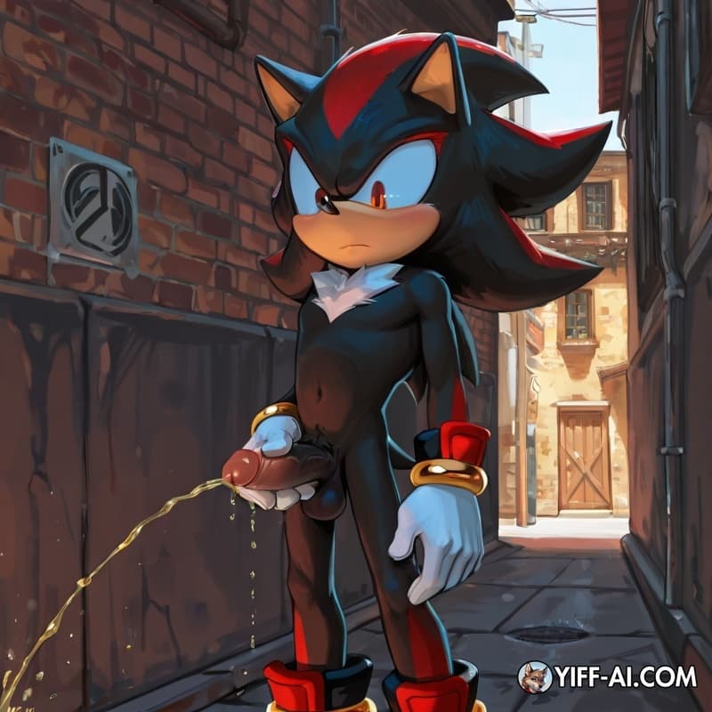 shadow_the_hedgehog, standing, humanoid_penis, small_penis, erection, alley, pissing_on_wall, urine_stream,