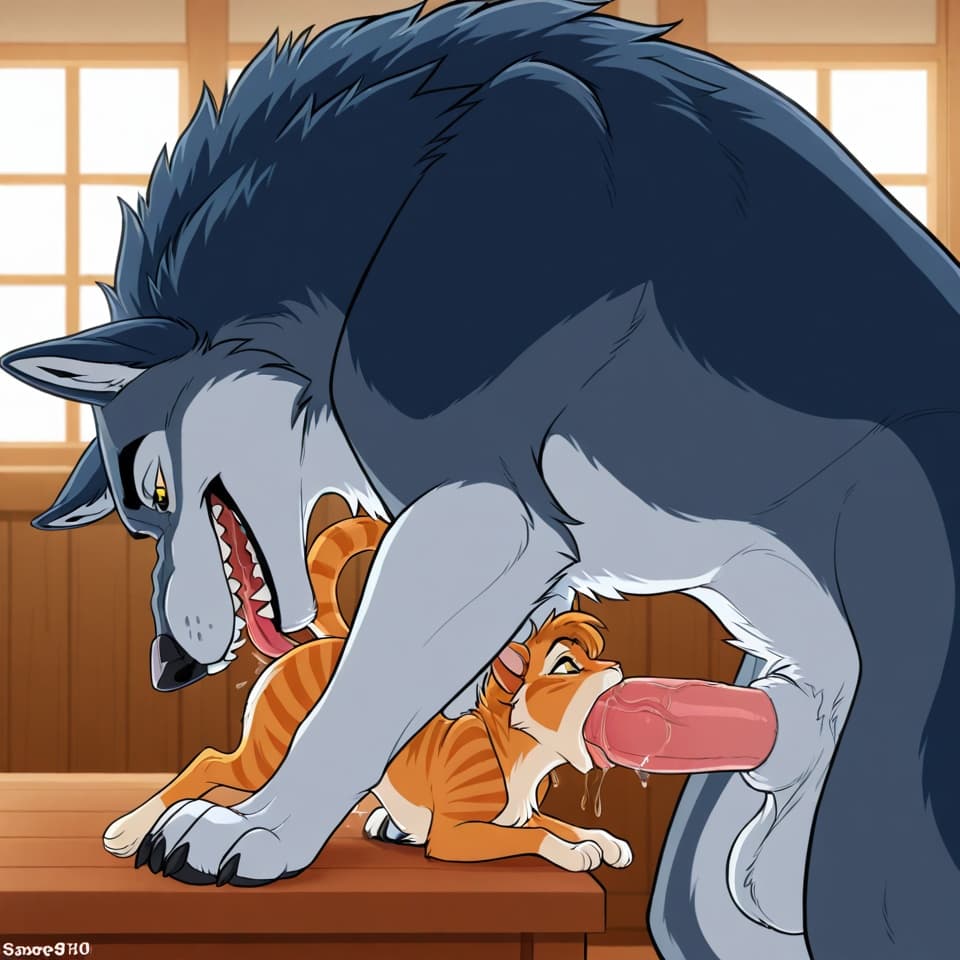 (Male wolf, huge, (feral:1.3), humanoid_penis), (female house_cat, (feral:1.3)), oral_penetration, feral_on_feral, feral_penetrating_feral, size_difference, larger_male, (female_penetrated:1.3)