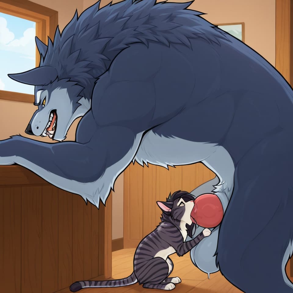 Duo, (Male wolf, huge, (feral:1.3), humanoid_penis), (female house_cat, (feral:1.3)), oral_penetration, feral_on_feral, feral_penetrating_feral, size_difference, larger_male, (female_penetrated:1.3),