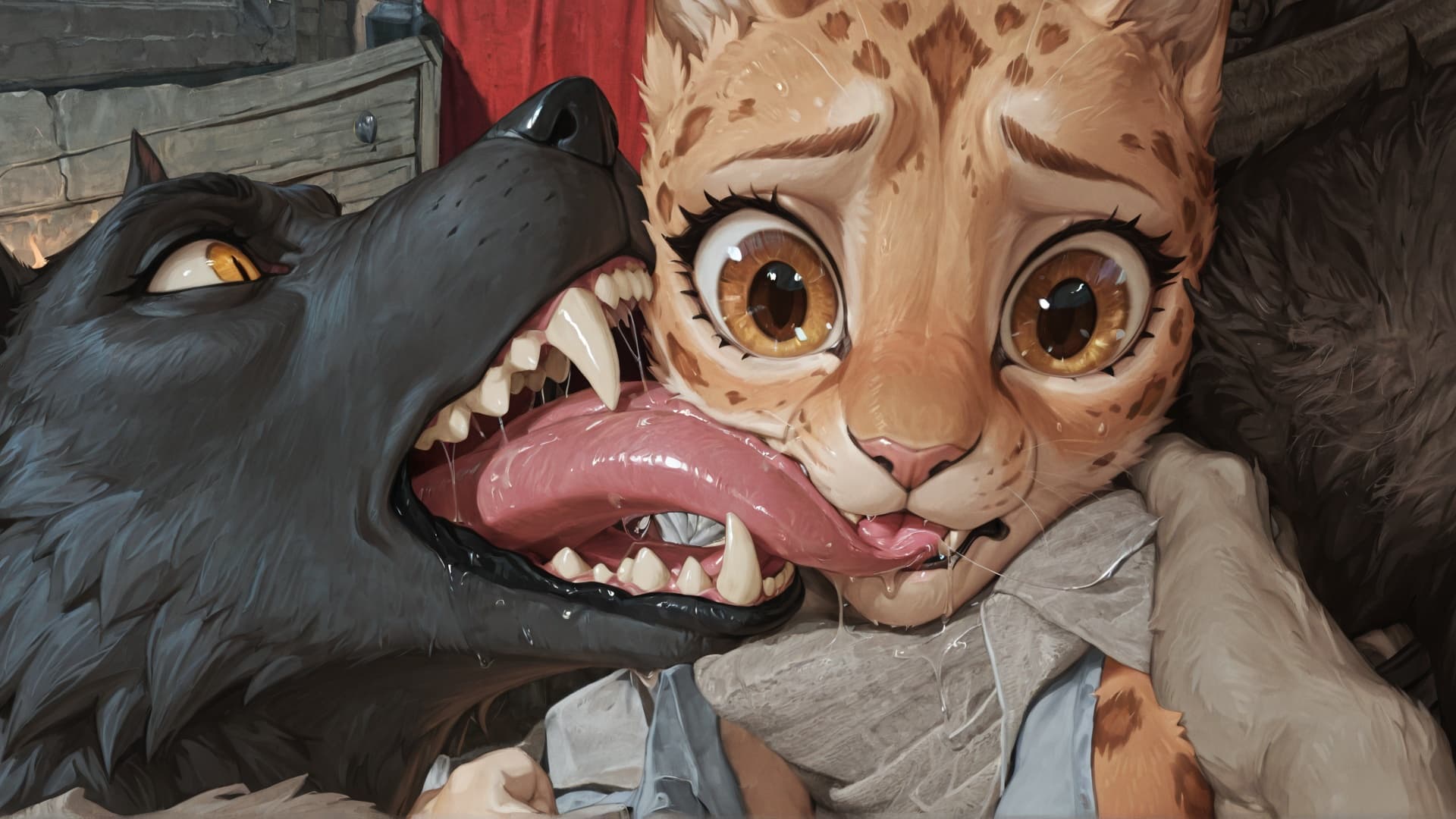 duo, anthro, male/female, felid, werewolf, licking, licking_partner, long_tongue, sharp_teeth, saliva, saliva_string, scared_female,