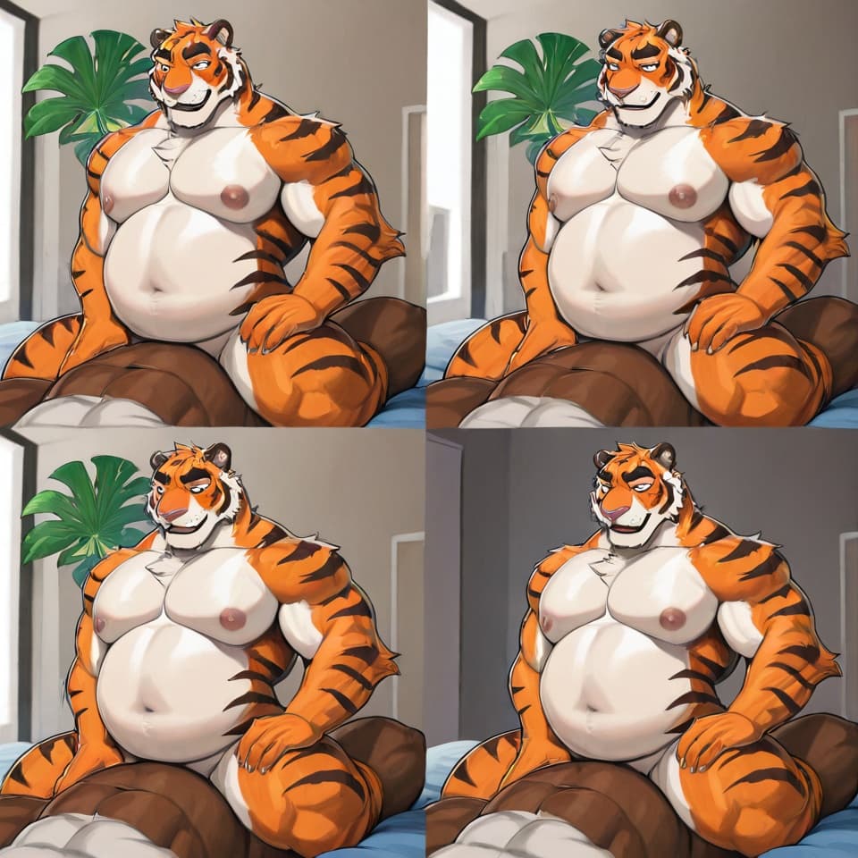 gay bara, chubby orange male tiger with soft belly straddling and grinding on muscular athletic brown male bear, tiger looking dominant and bratty, bear holding tiger's waist and belly, both with inte
