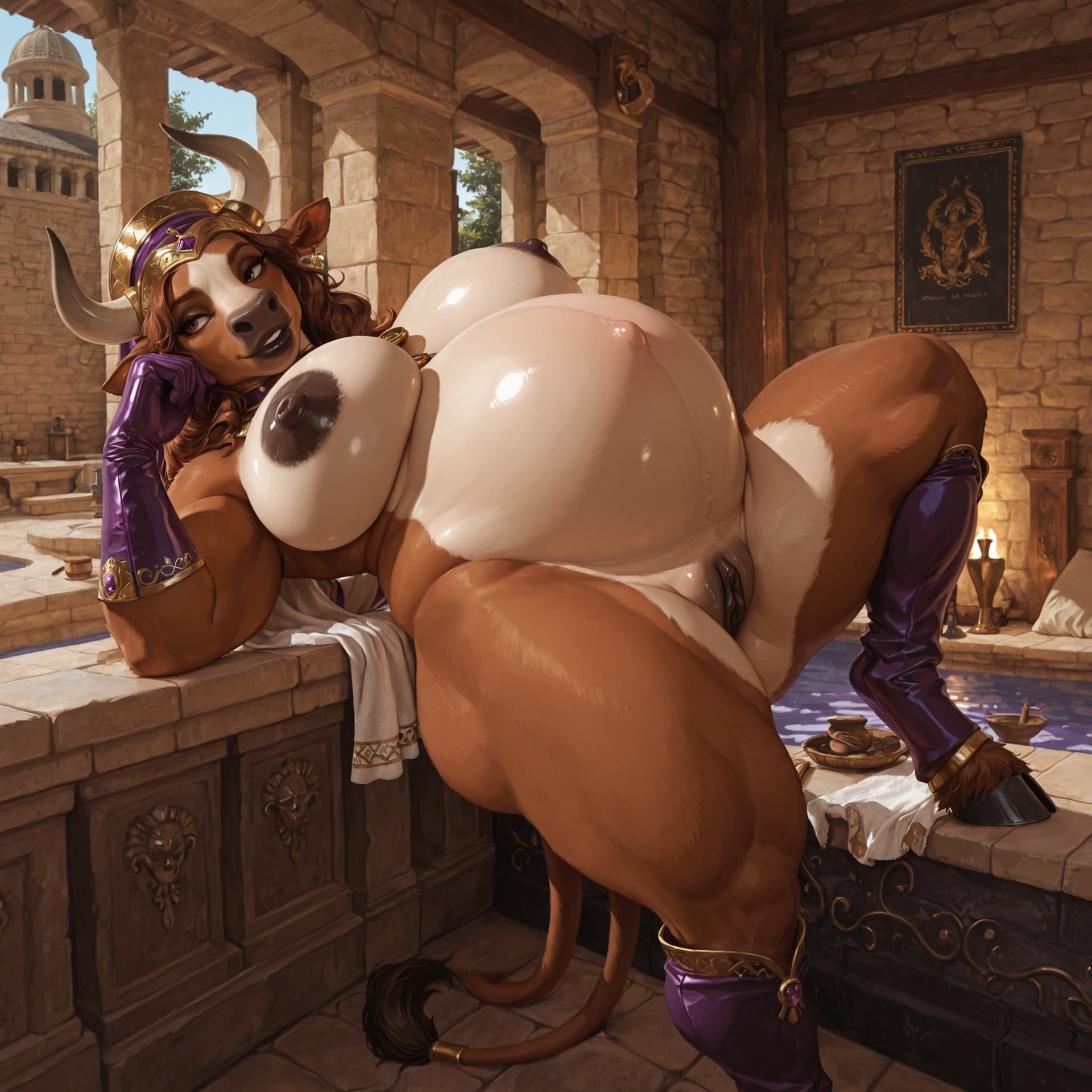 human_on_anthro, chubby, pudgy, curvy_figure, huge_thighs, voluptuous body, two_tone_fur,  pregnant_female_minotaur round_head, nobelwoman, roman_nobelwoman_purple and gold_headwear, fat_minotaur_face