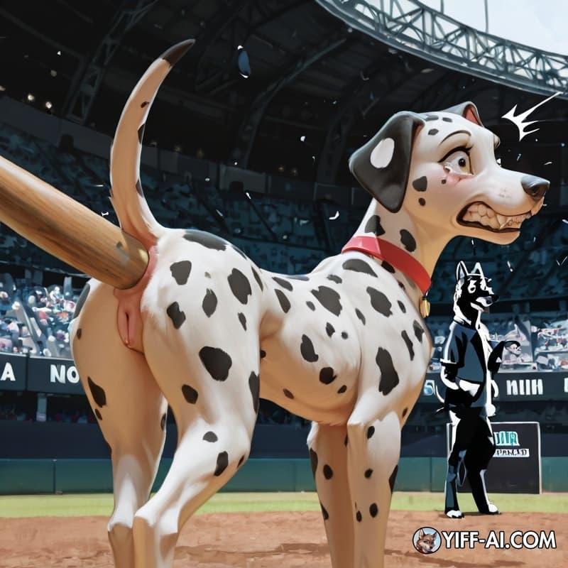 dog, feral, female, dalmatian, canid, animal_genitalia, canine_vulva, slim, human, anal_insertion, baseball_bat_in_ass, baseball_in_mouth, side_view, presenting_hindquarters, raised_tail, tears_of_pai