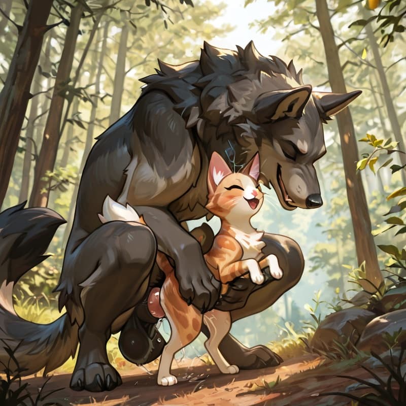  male wolf, squatting , (female_cat), penetration, size_difference, larger_male, balls_deep,  (playful:1.3), (happy_sex:1.3), (feral_female:1.3), (feral_penetrated:1.3), vulva, (vaginal_penetration:1.