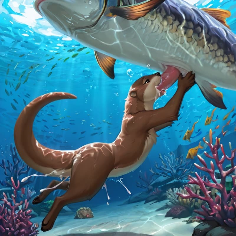 Otter, male (feral:1.3), fish_(species) female (feral:1.3) oral_penetration, cum_inside, underwater, 