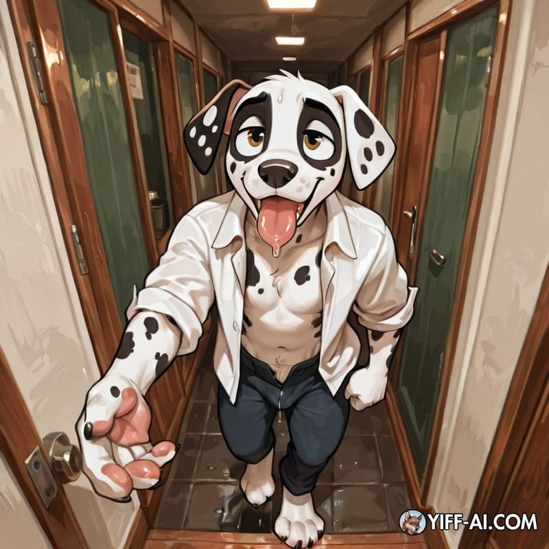 Dalmatian, adolescent_anthro, open_shirt, pants, big_hands, big_feet,  open_pants, corridor, walking, big_cock, flaccid, leaking_precum, sweat, drooling, drooling_tongue, open_mouth, solo, 