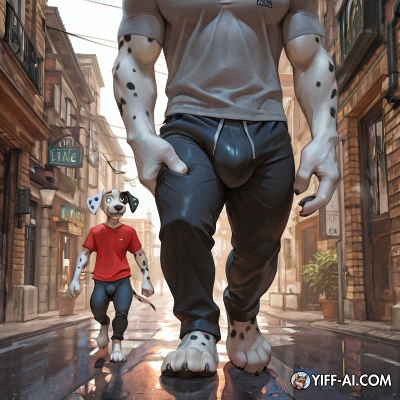 Dalmatian, adolescent_anthro, shirt, pants, big_hands, big_feet,  walking, street, big_bulge, bulge_grab, sweat, panting, 