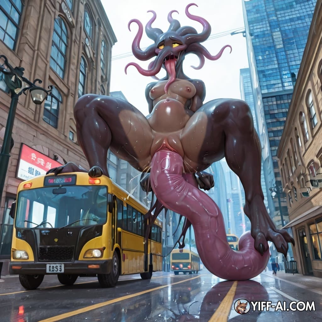 Mindflayer, mind_control, muscular_anthro, nude_anthro, big_feet, genital_slit, giant, massive size difference, low angle view from street level, hyper muscular anthro creature standing in city street
