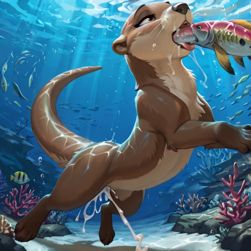 Otter, male (feral:1.3), fish_(species) female (feral:1.3) oral_penetration, cum_inside, underwater, 