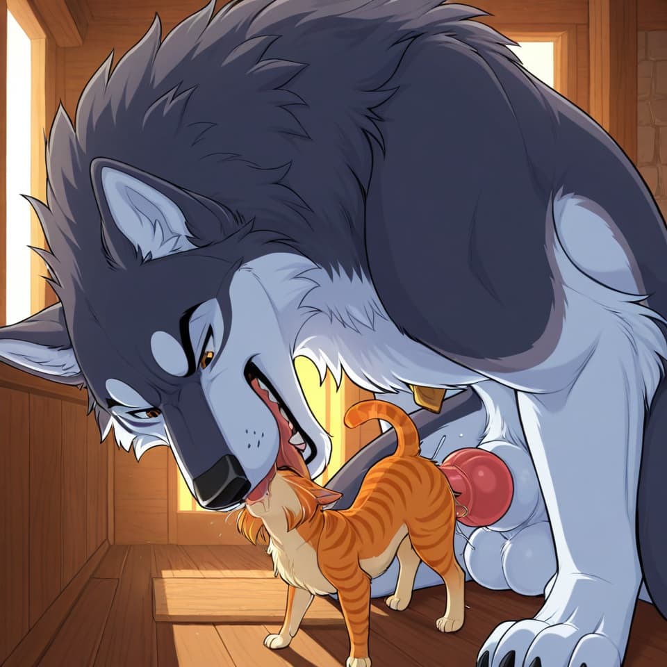 Duo, (Male wolf, huge, (feral:1.3), humanoid_penis), (female house_cat, (feral:1.3)), oral_penetration, feral_on_feral, feral_penetrating_feral, size_difference, larger_male, (female_penetrated:1.3), 