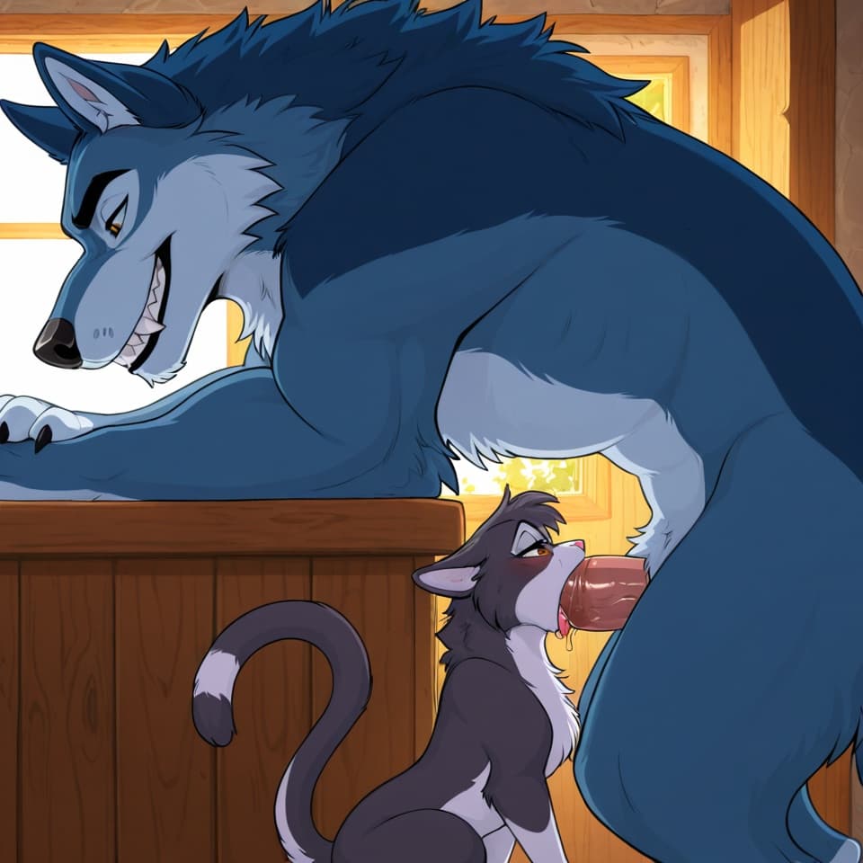 Duo, (Male wolf, huge, (feral:1.3), humanoid_penis), (female house_cat, (feral:1.3)), oral_penetration, feral_on_feral, feral_penetrating_feral, size_difference, larger_male, (female_penetrated:1.3),