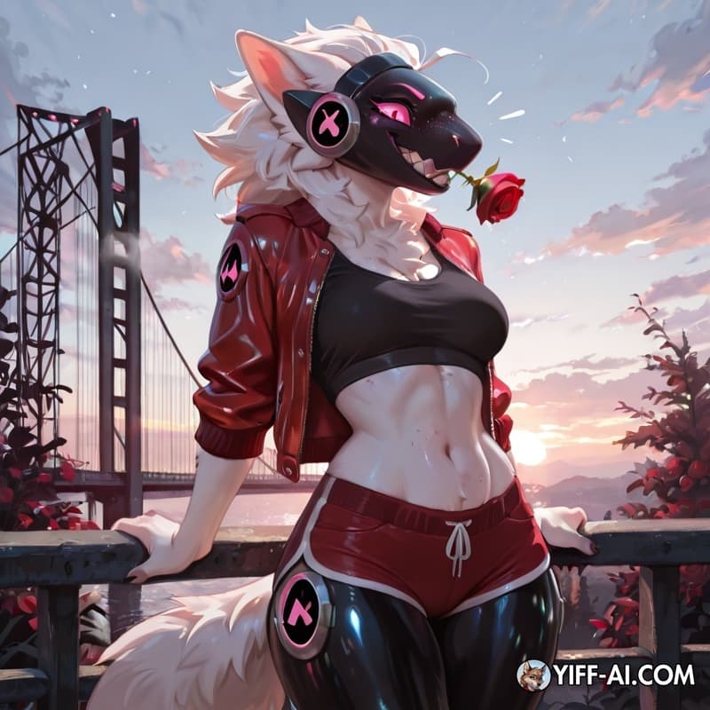 Make a muscular protogen female. She has white hair with a red rose in it. She has pale peach colored skin, neon pink eyes. Freckles on her cheeks and along the bridge of her nose. Her teeth are abit 