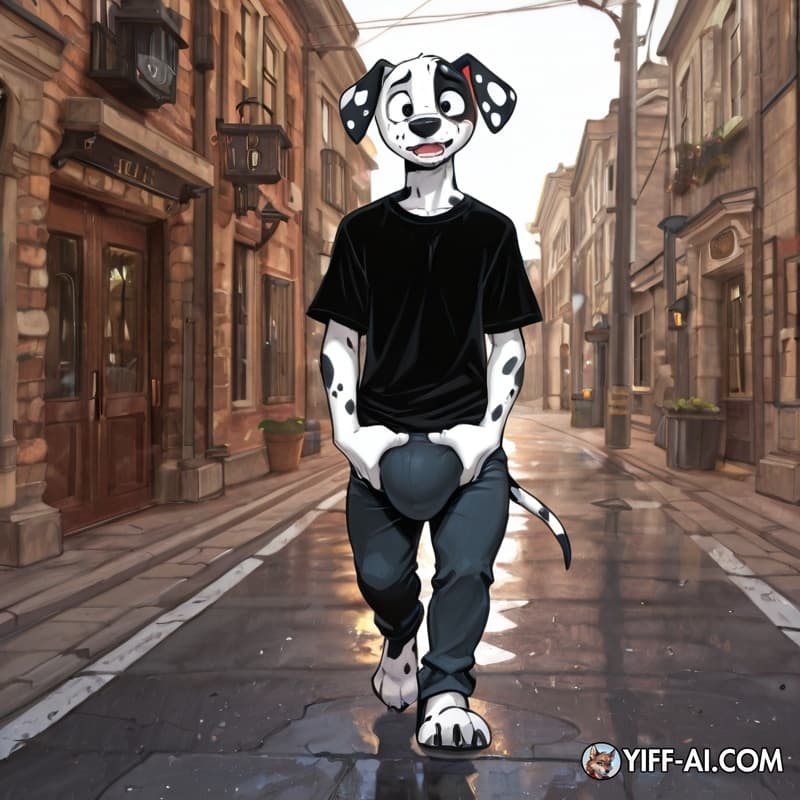 Dalmatian, adolescent_anthro, shirt, pants, big_hands, big_feet,  walking, street, big_bulge, bulge_grab, sweat, panting, solo,