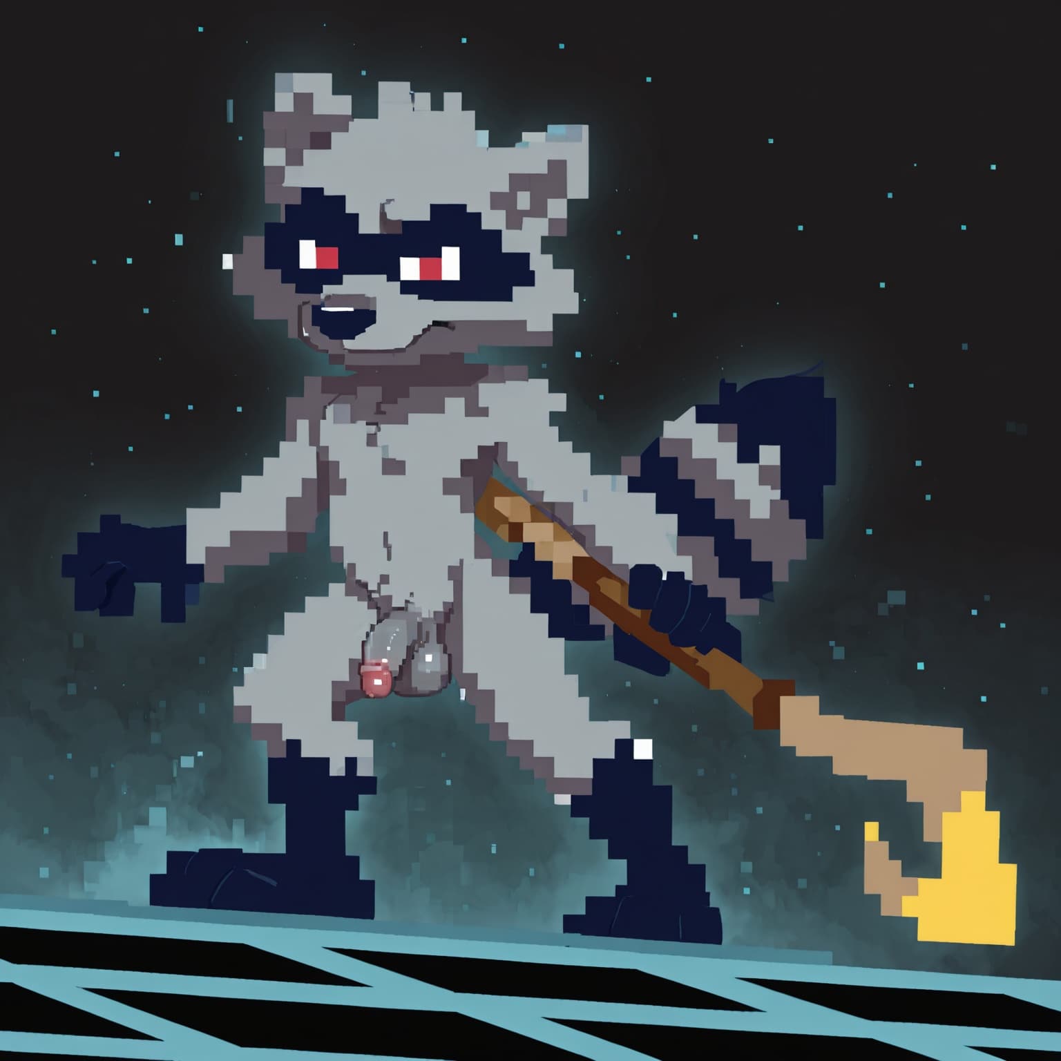 (pixelated:1.3), (pixel_art:1.3), solo, anthro, male, raccoon, sly_cooper, standing, pose, holding_staff, nude, penis, balls, 