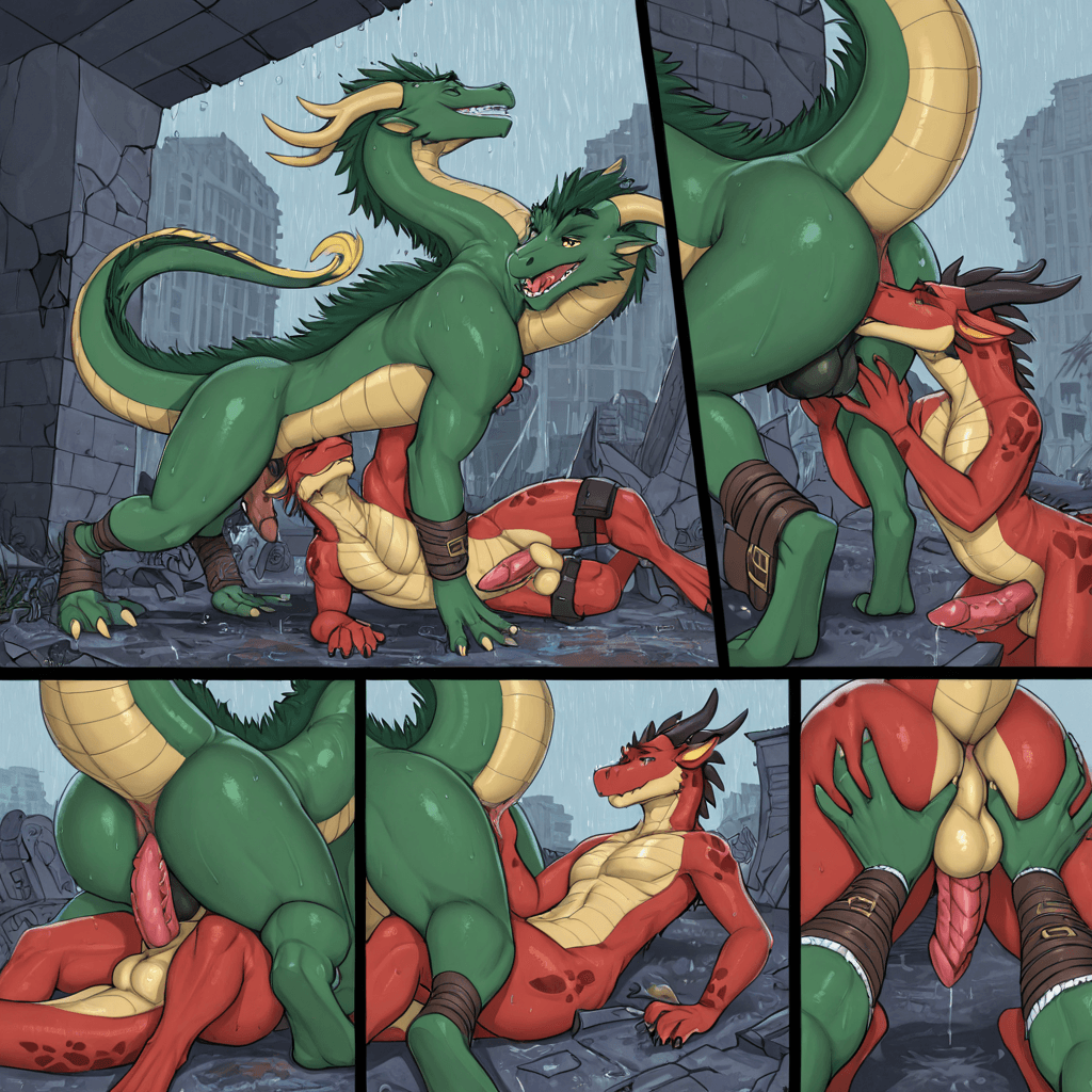 By Narse, By Tojo the thief, By Zonkpunch , by Etheross Feral, eastern dragon , serpent, sheathed_tapering_penis, spiked_penis, testicles, belt_pouch, belt leg duo_focus, butt, anus,  ruins, Playful, 