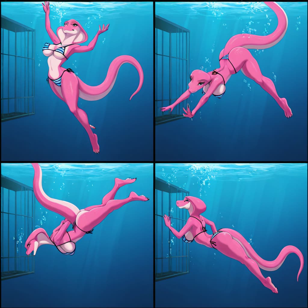by byondrage, by dark_nek0gami Anthro Cobra, Pink skin, pink scales, Pink body, Big nipples, snake_hood, tailless, solo_focus, striped_bikini, underwater, stripping, strip, floating, swimming, butt,