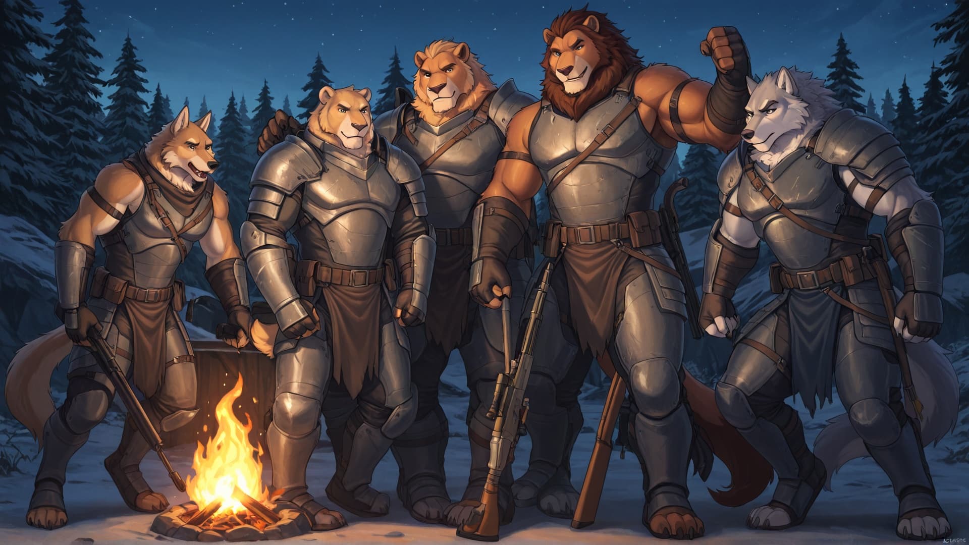 masterpiece, best_quality, ultra_detailed, highres, 
group of muscular anthro warriors (tigers, bears, wolves, lions), 
ancient spartan camp at night, campfires, armor and weapons around, 
strong masc