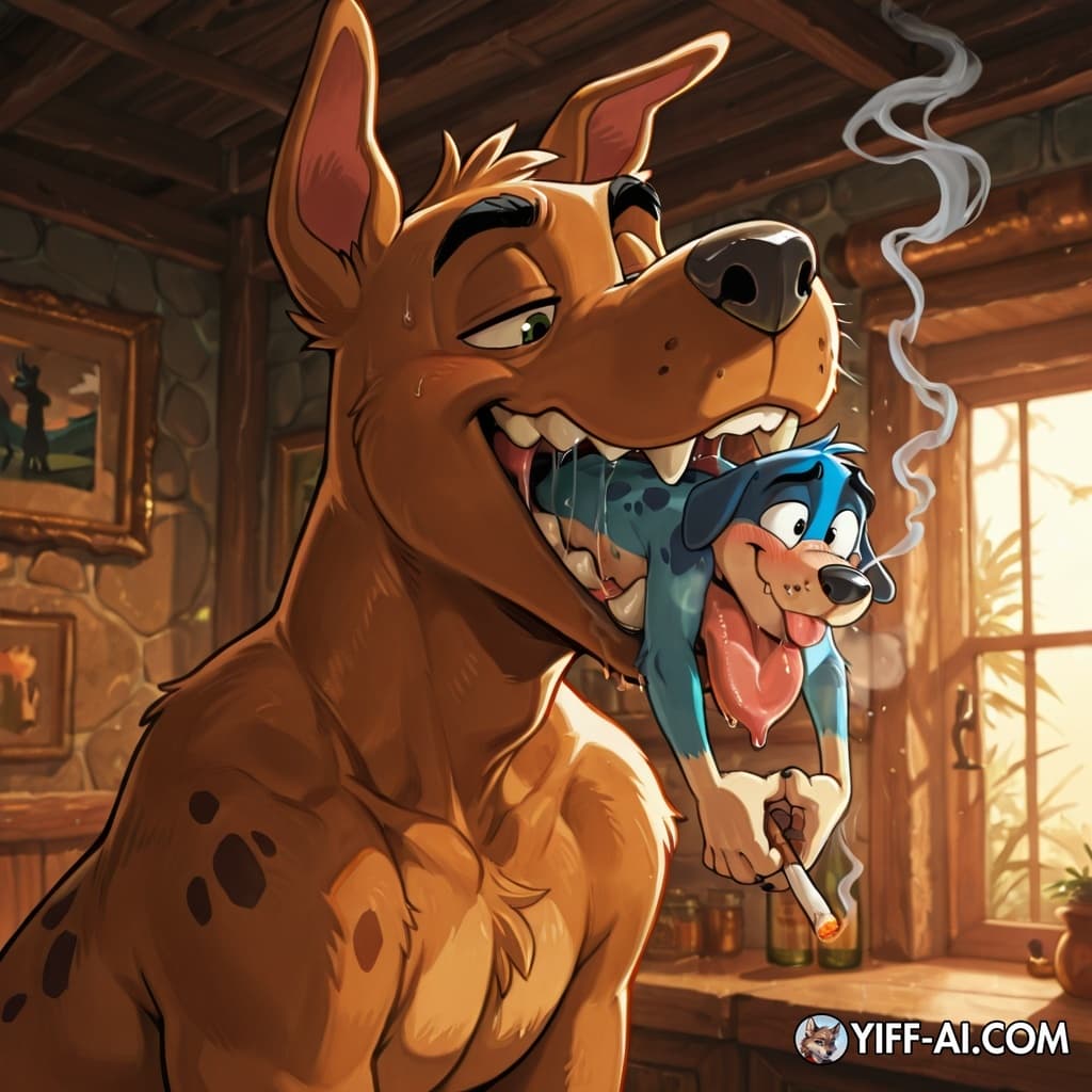 male, furry, gay, stoned, soft_vore, oral_vore, same_size_vore, smoking_marijuana,  cartoon, courage the cowardly doggy,  Scooby doo oral_vore, mawplay in mouth while smoking same size