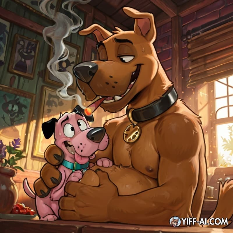  furry, dog, Anthro, male/male, male_penetrating_male, stoned, courage_the_cowardly_dog, Scooby, smoking_marijuana, soft_vore, smoke_from_mouth, same_size_vore,  
