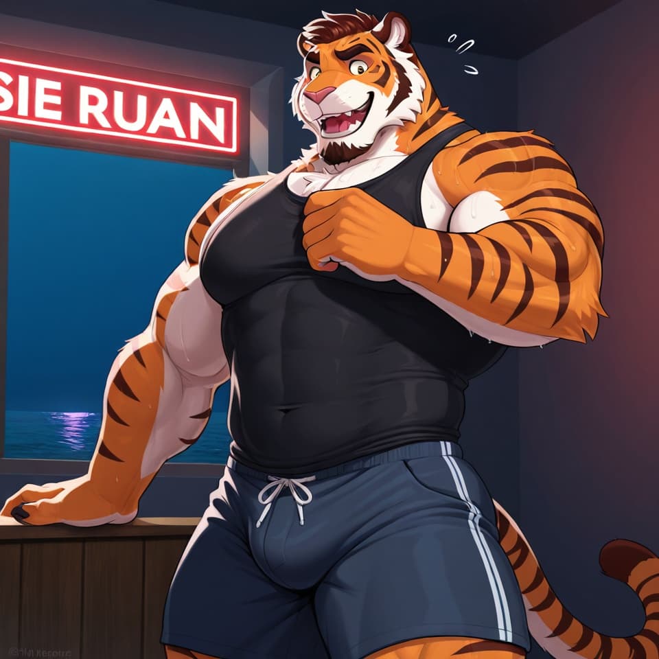 solo, anthro, tiger, bear, male, muscular, orange_fur, brown_stripes, white_vitiligo, goatee, short_fade_haircut, unbuttoned_guayabera_shirt, dark_pants, one_arm_around, guiding, dominant, confident, 