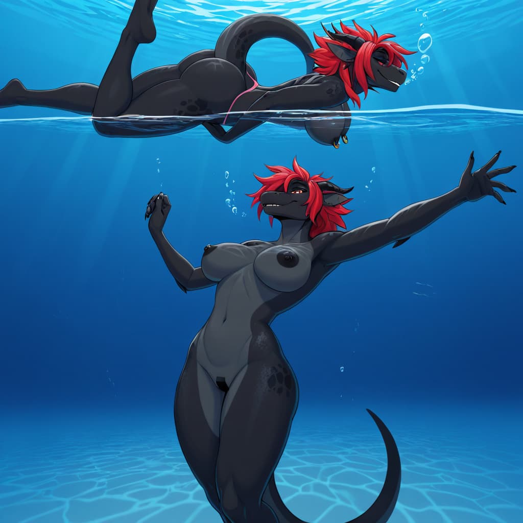by shyr dragon, black_scales, Black skin, big Black nipples, Red hair, black vagina, genital_piercing, , nipple_piercing, facial_piercing, pussy_tape, nipple_tape, puffed_cheeks, underwater, sinking,