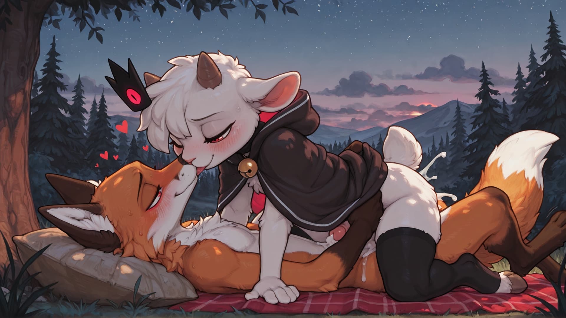  (by snowskau:1.6), male/male, hair, (lamb_(cult_of_the_lamb) cloak_only and thigh_highs_only, naughty_face), (male fox follower_(cult_of_the_lamb) blushing_profusely:1.5), (chibi), (cum:1.4), outdoor