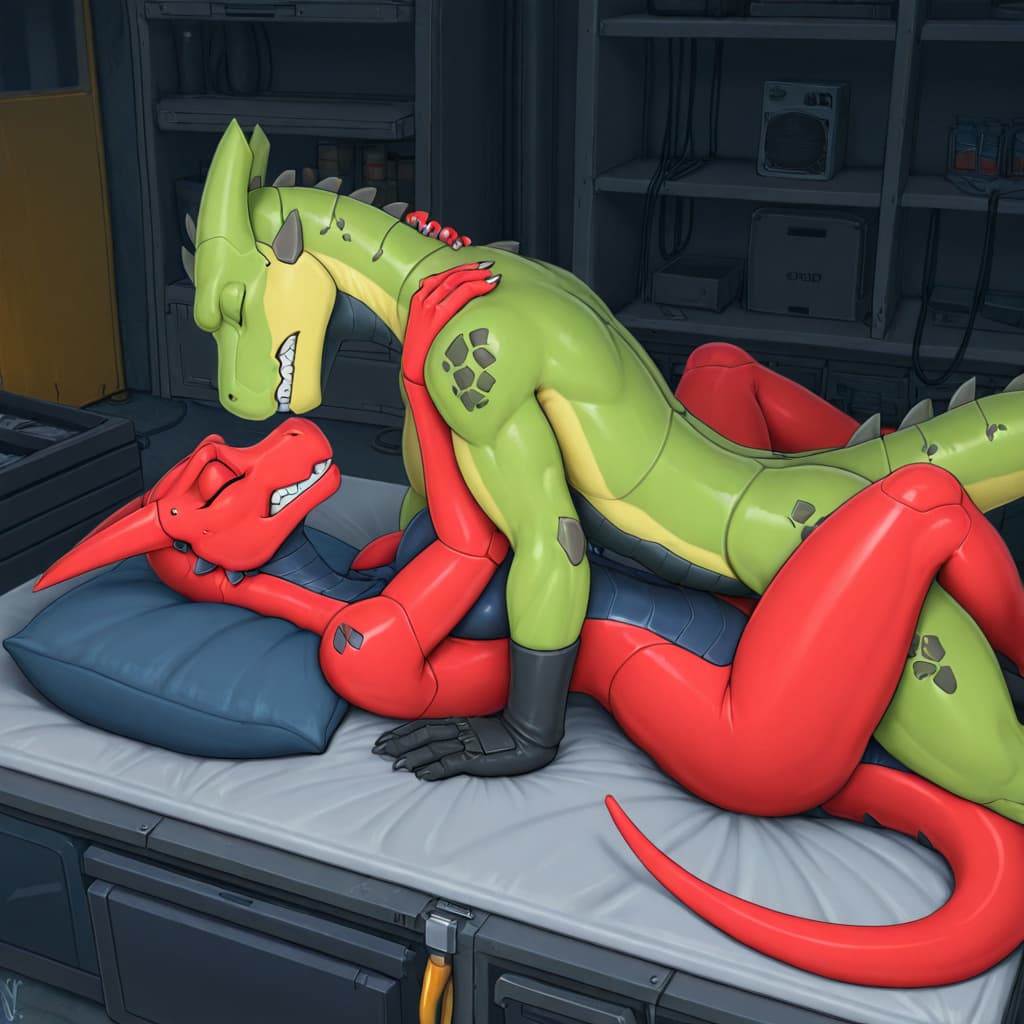 By Vader-San, by zairiza ,   synth, Male, Long foreskin, Duo_focus, male/female, Male and female interspecies, synth and kobold,  Cyberpunk, garage, rubbing, missionary_position, pounding vaginal, eye