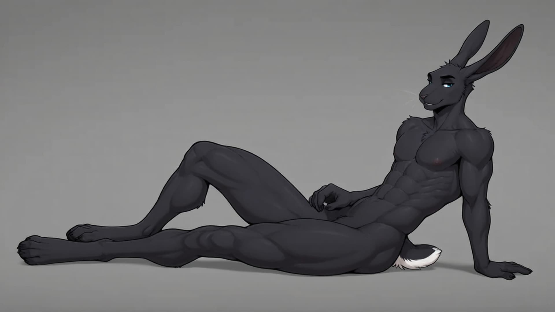 Solo, male, anthro, jackrabbit, black_body, black_face, black_feet, black_legs, black_ears, white_tail,  muscular_thighs, muscular_legs, athletic_chest, athletic_shoulders, long_ears, digitigrade_feet