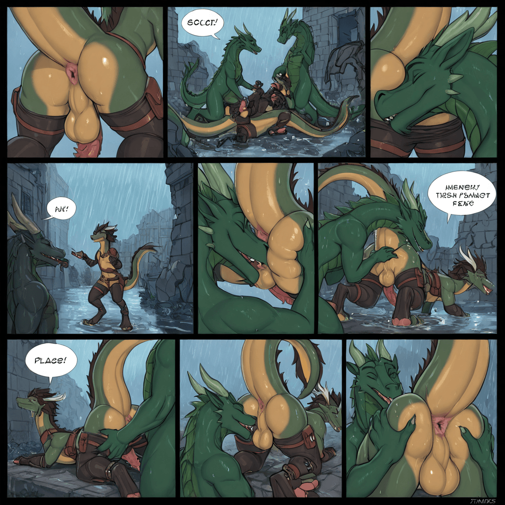 By Narse, By Tojo the thief, By Zonkpunch , by Etheross Feral, eastern dragon , serpent, sheathed_tapering_penis, spiked_penis, testicles, belt_pouch, belt leg duo_focus, butt, anus, ruins, Playful,