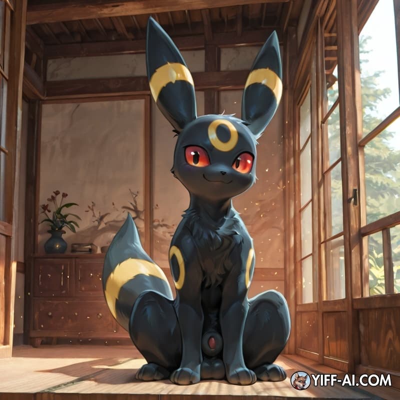 feral, umbreon, male, looking_at_viewer, sitting, smile, sheath, balls