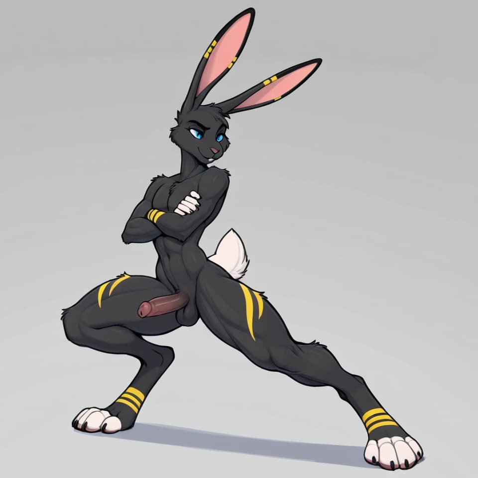 Solo, male, anthro, jackrabbit, black_fur, white_tail, muscular_thighs, muscular_legs, slim_upper_body, long_ears, digitigrade_feet, blue_eyes, medium_penis