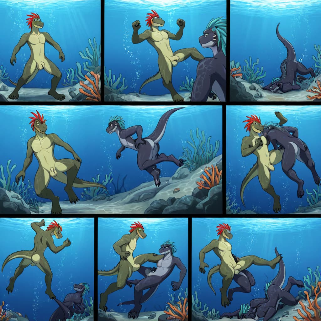 By chikiota By Kabier By goolee  interspecies dragon and argonian hair male/Male, piercings duo_focus, foreskin,  testicles,   underwater, sinking, water, butt fight, 5_panel_comic, struggling_prey, b