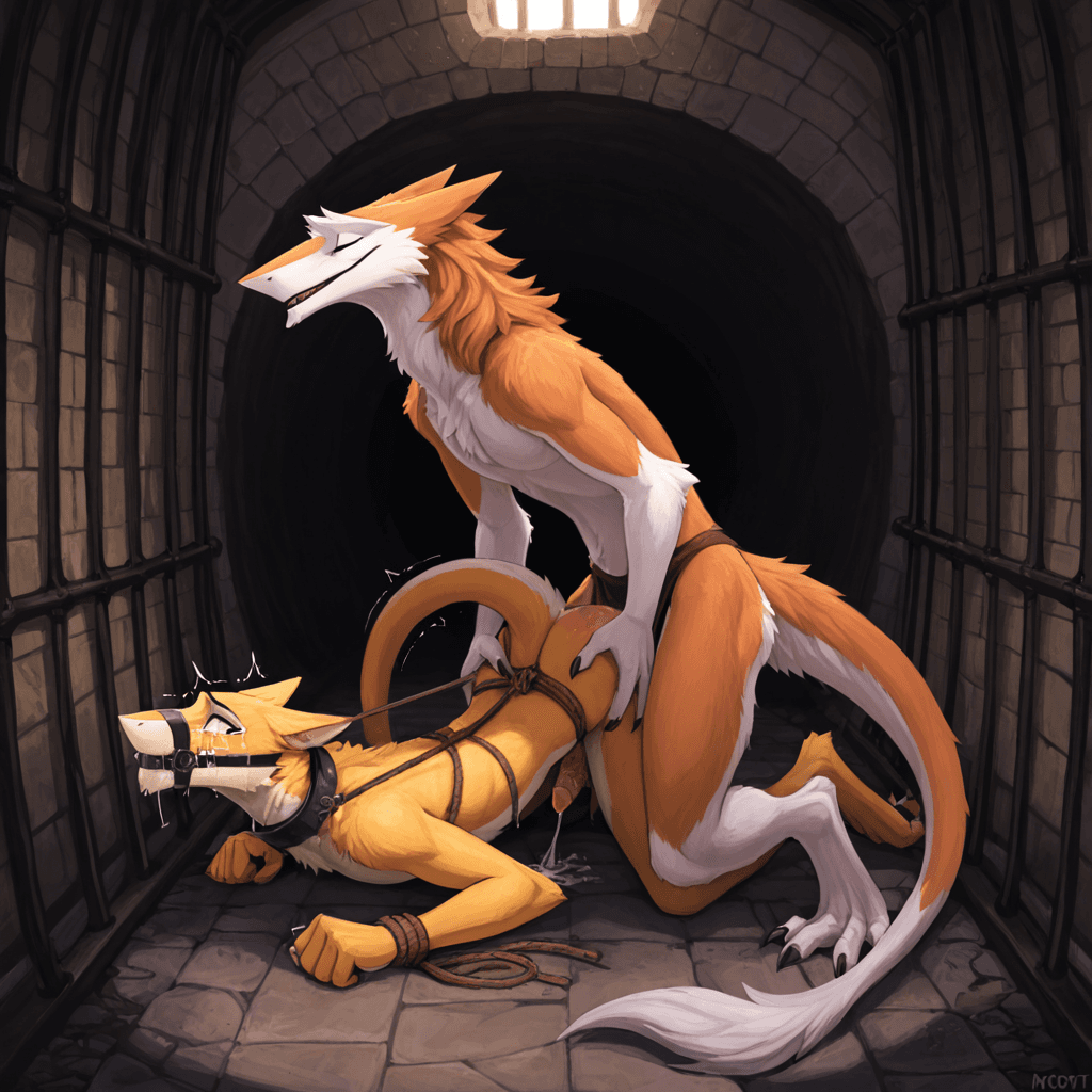 by jetshark, By klongi, by mick39 sergal, Long penis, sheathed_tapering_penis, spiked_penis, ineffective_loincloth, duo_focus, male/male,  dungeon, bars, tunnel, ruins, darkness, molest, molestation, 