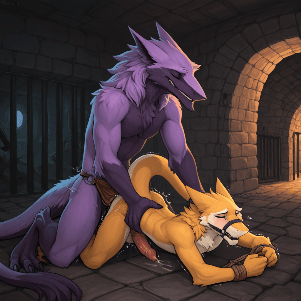 by jetshark, By klongi, by mick39 sergal, Long penis, sheathed_tapering_penis, spiked_penis, ineffective_loincloth, duo_focus, male/male,  dungeon, bars, tunnel, ruins, darkness, molest, molestation, 