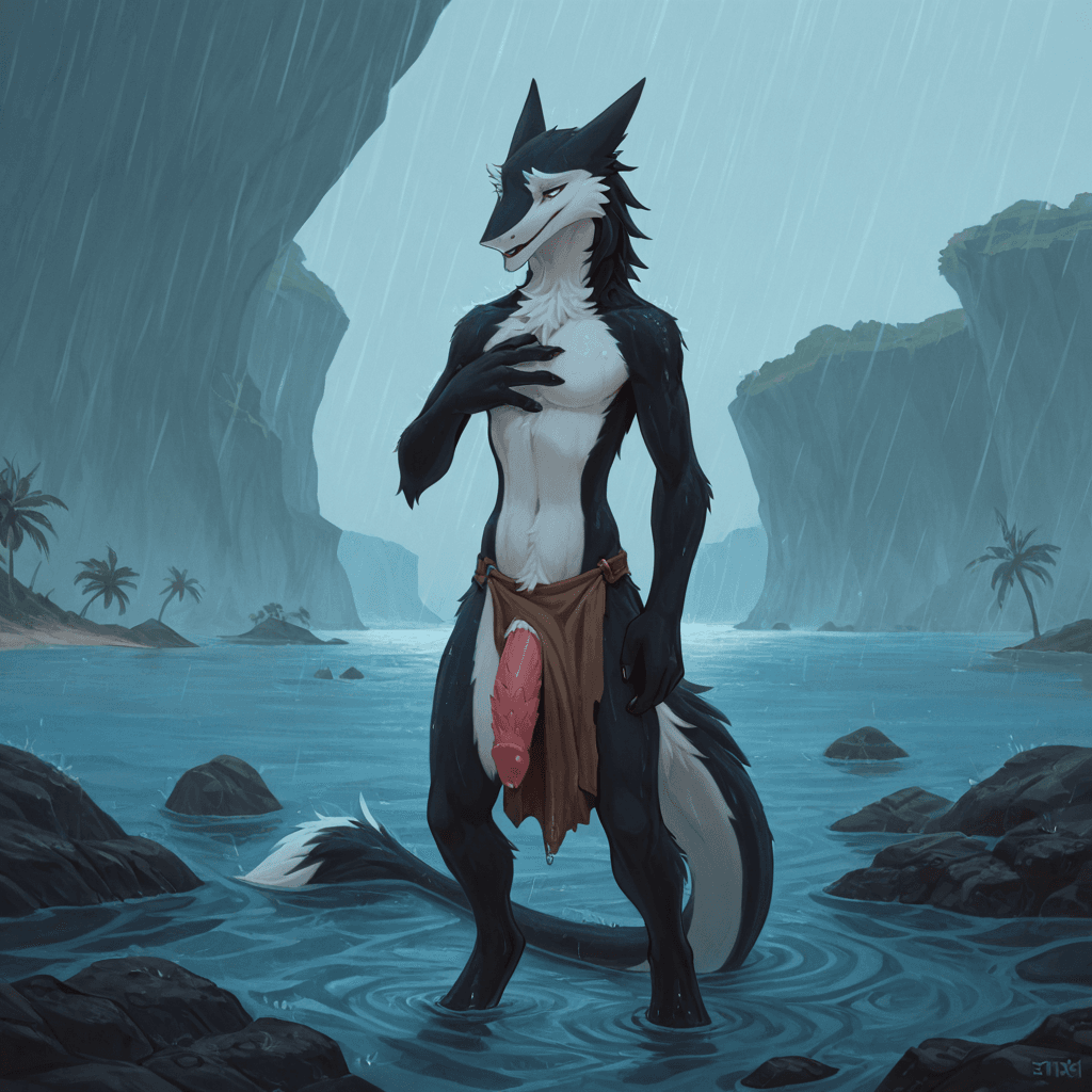 by jetshark, By klongi, by mick39 sergal, Long penis, sheathed_tapering_penis, spiked_penis, ineffective_loincloth, solo_focus, , island, water, flooded, raining.