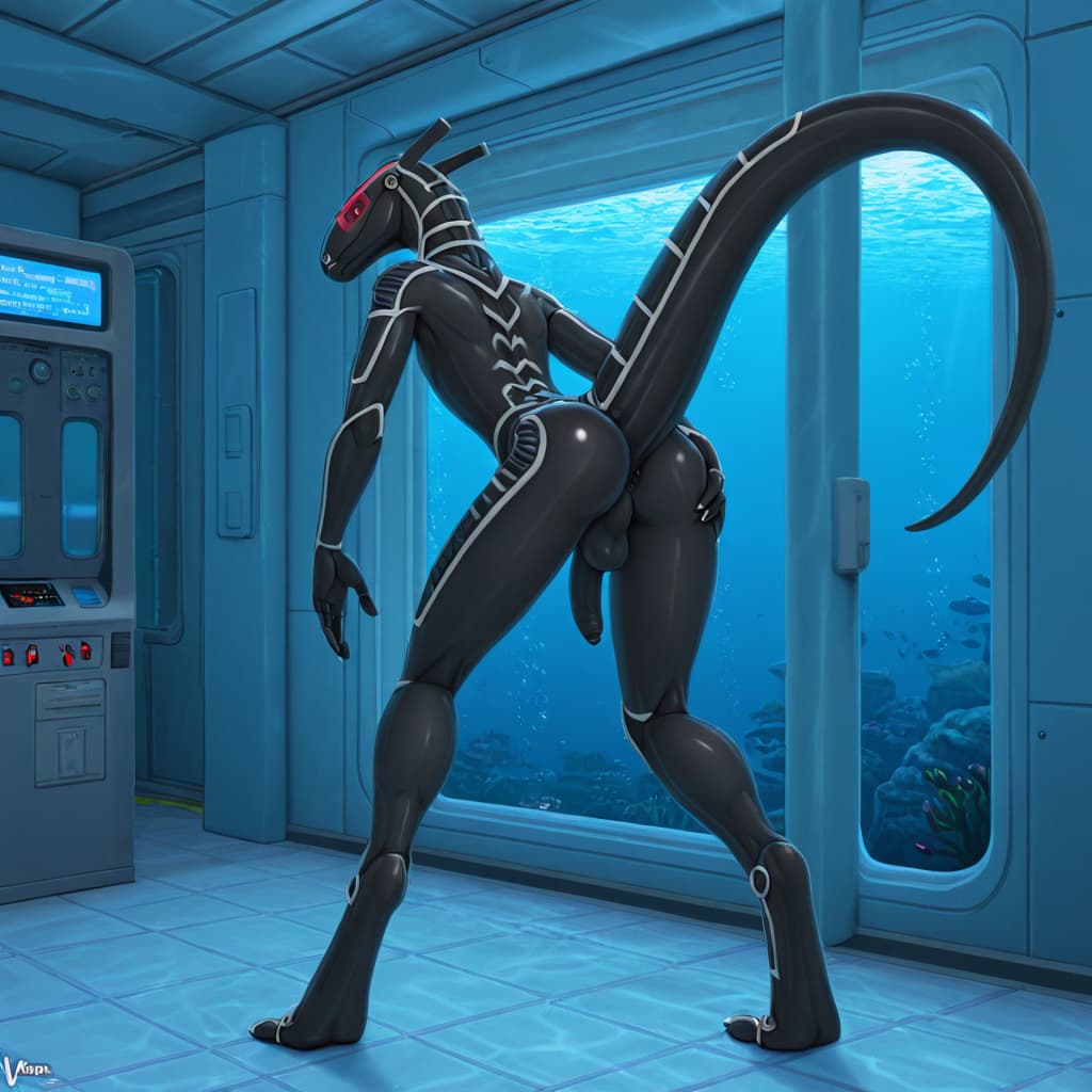 By Vader-San, by zairiza ,  synth, Male, Long foreskin, solo_focus, black_body, black anus, skinny,  station, underwater, Lab, windows,