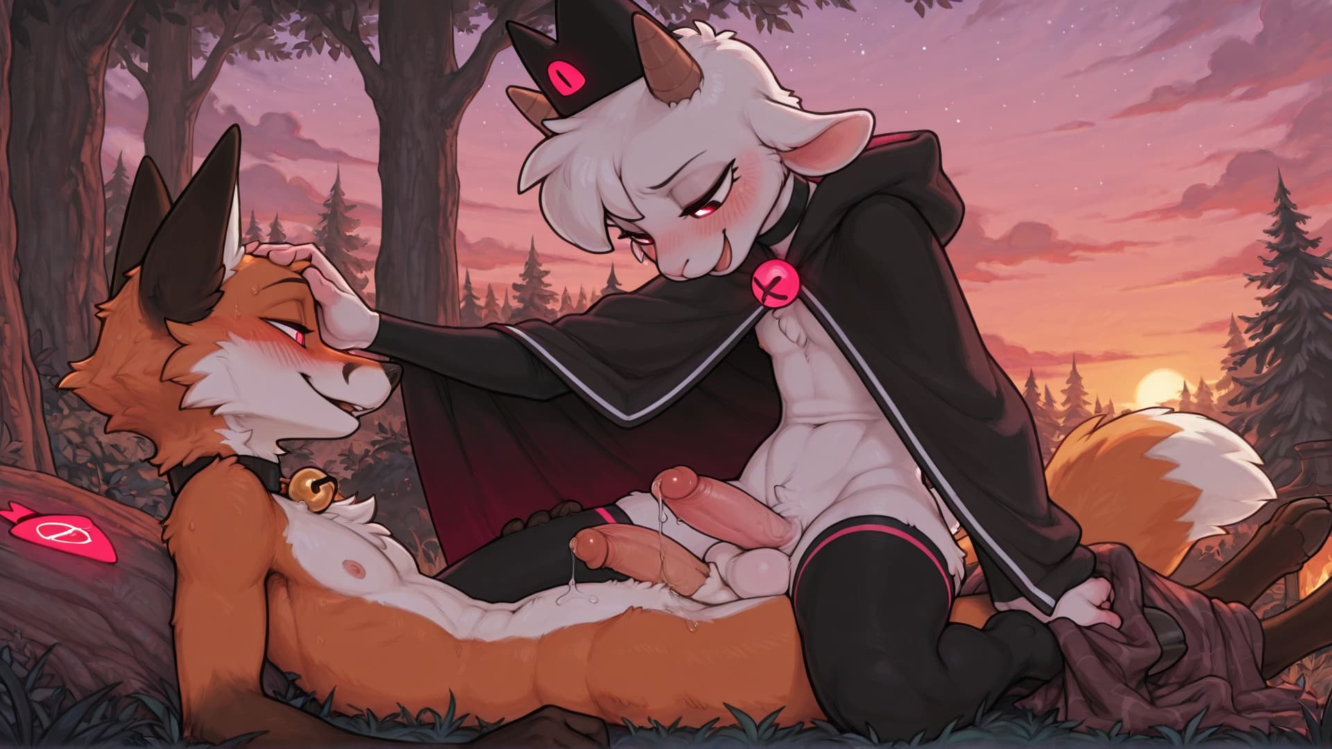  (by snowskau:1.6), male/male, hair, (lamb_(cult_of_the_lamb) cloak_only and thigh_highs_only), (male fox follower_(cult_of_the_lamb) blushing_profusely:1.5) (chibi:0.9), (precum:1.4), outdoors, happy