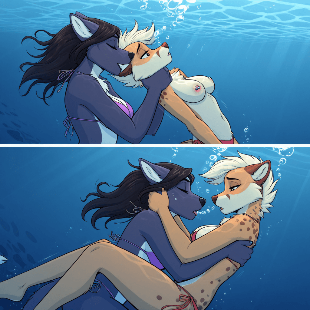 By nickii, by tartii, by kabier  Anthro, Female, nipple_piercing, facial_piercing, duo_focus, Lesbian, bikini underwater, biting_another, choking, bubbles, struggling_prey, eyes_closed, 5_panel_comic,