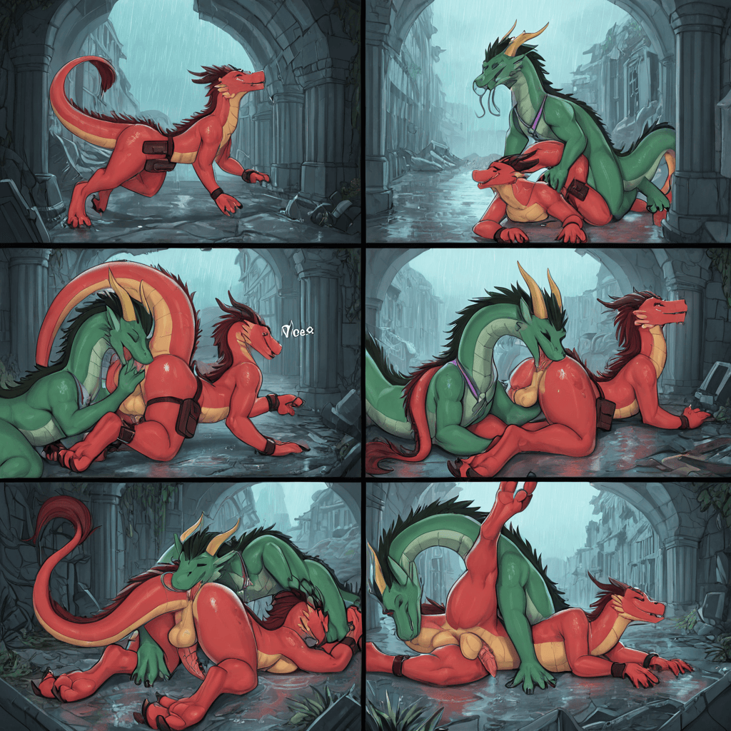 By Narse, By Tojo the thief, By Zonkpunch , by Etheross Feral, eastern dragon , serpent, sheathed_tapering_penis, spiked_penis, testicles, belt_pouch, belt leg duo_focus, butt, anus,  ruins, Playful, 