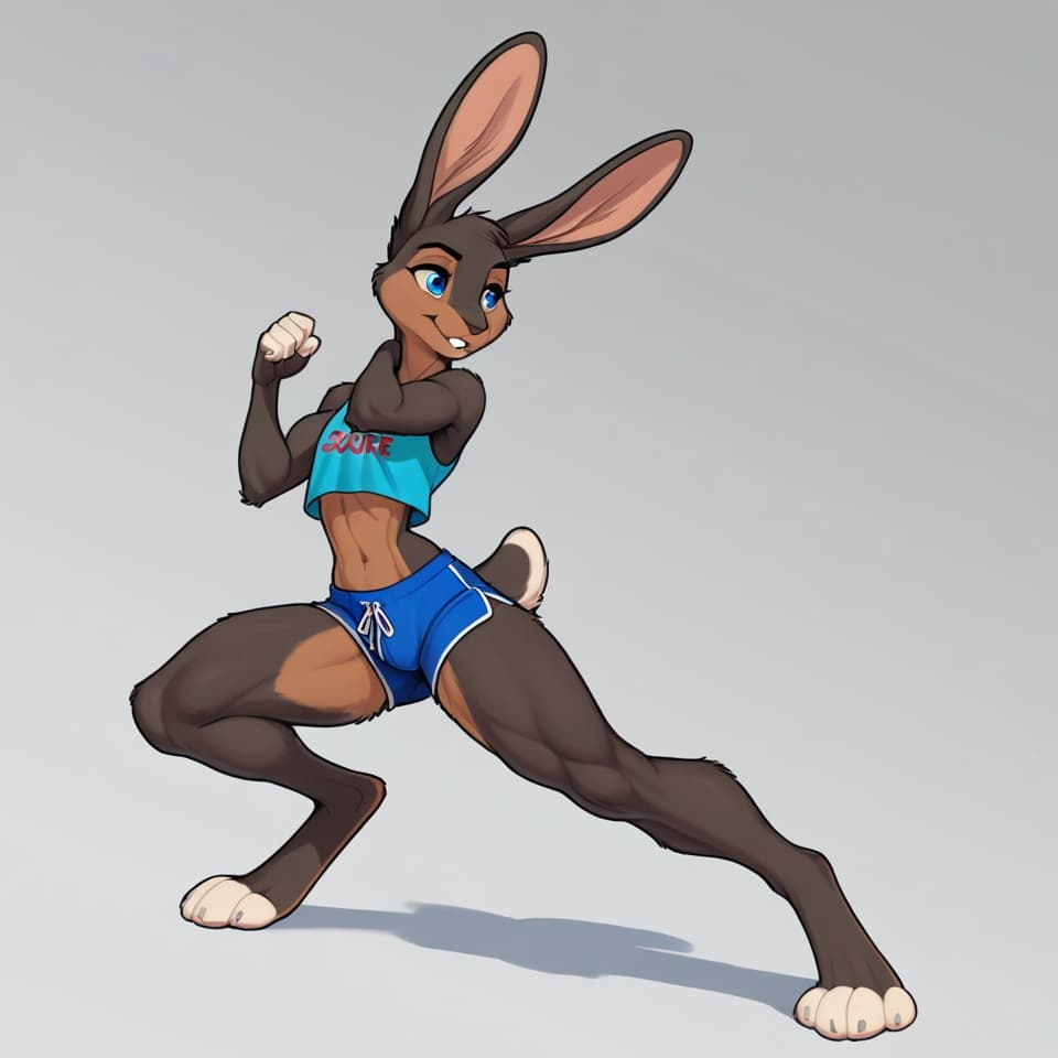 Solo, male, anthro, jackrabbit, black_fur, white_tail, muscular_thighs, muscular_legs, slim_upper_body, long_ears, digitigrade_feet, blue_eyes, short_shorts, croptop_tshirt