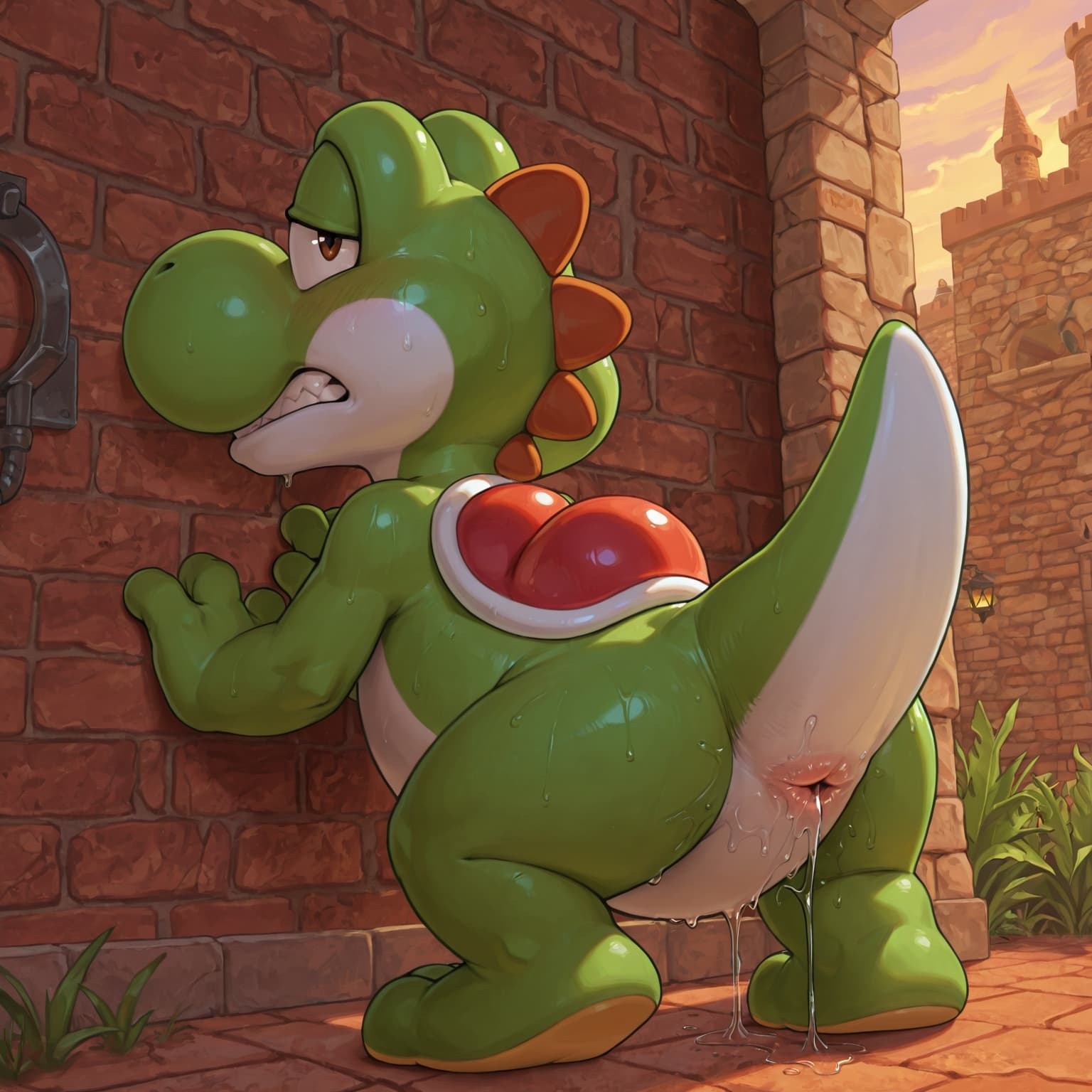 solo, anthro,  nintendo, mario_bros, yoshi, green_body, chibi, presenting_hindquarters,  cloaca, horizontal_cloaca,   straining, standing,  omorashi, clenched_teeth, (cloaca_juice:1.3), 