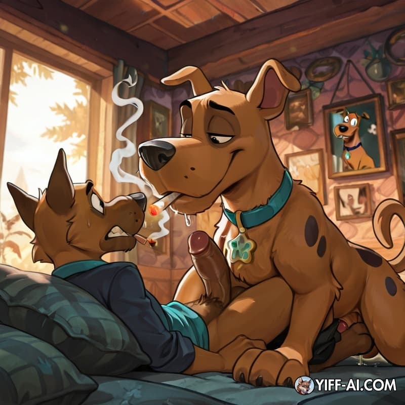  furry, dog, male/male, male_penetrating_male, stoned, courage_the_cowardly_dog, Scooby, smoking_marijuana, soft_vore,
