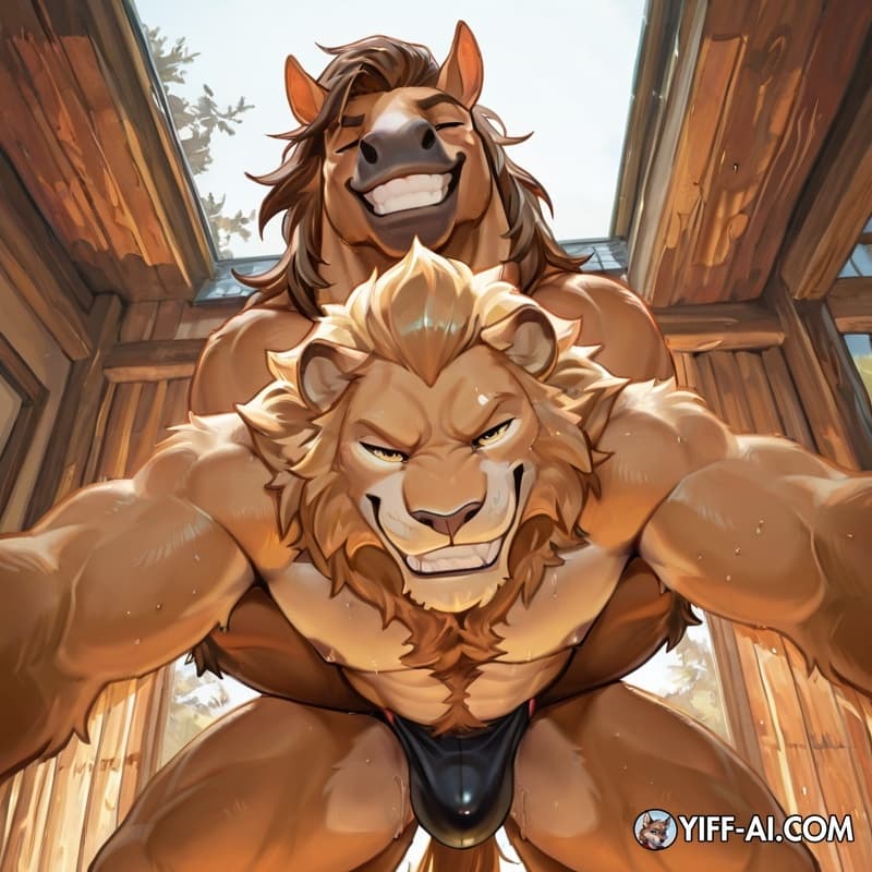Anthro horse on anthro lion male larger_male, larger_feral,  bulge, grinning_at_viewer, smug smug_grin, doggy standing from_behind_position, 